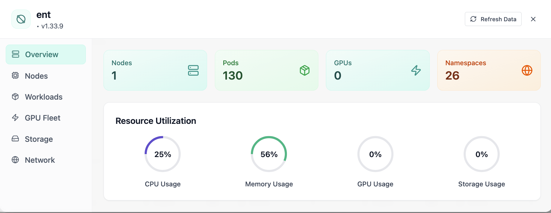 Cluster overview with nodes, pods, GPUs, and utilization gauges.